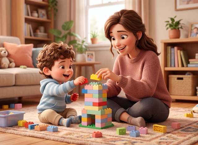 أم تشجع طفلها أثناء اللعب لبناء الثقة بالنفس Medium