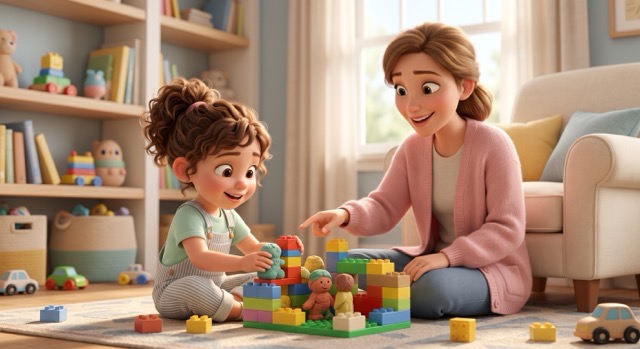Child playing with Lego and colorful dough while mom encourages brain-building activities